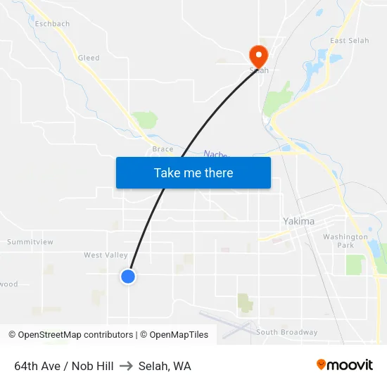 64th Ave / Nob Hill to Selah, WA map