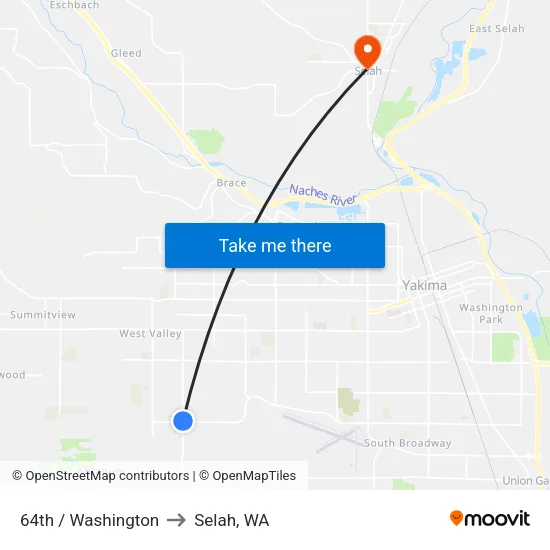 64th / Washington to Selah, WA map