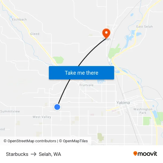 Starbucks to Selah, WA map
