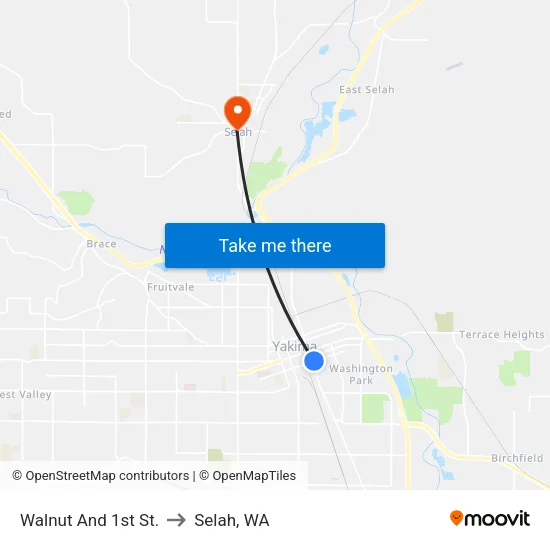 Walnut And 1st St. to Selah, WA map