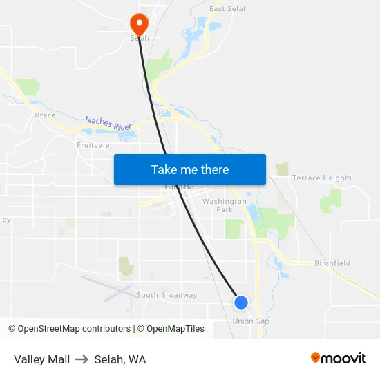 Valley Mall to Selah, WA map
