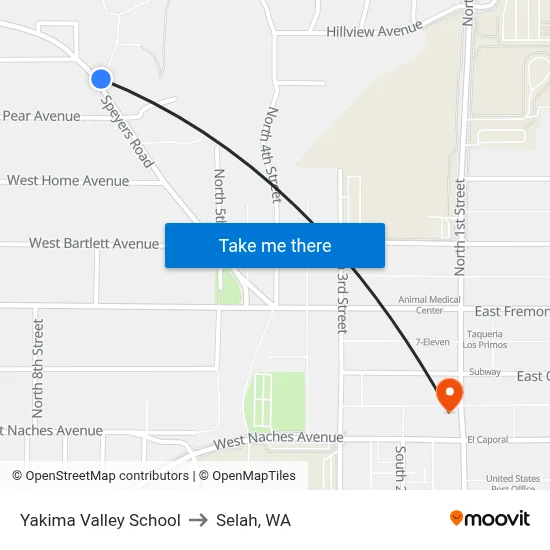 Yakima Valley School to Selah, WA map