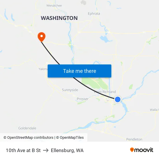 10th Ave at B St to Ellensburg, WA map