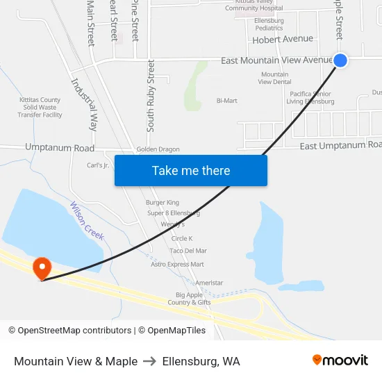 Mountain View & Maple to Ellensburg, WA map