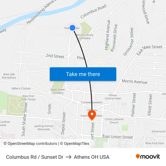 Columbus Rd / Sunset Dr to Athens OH USA map
