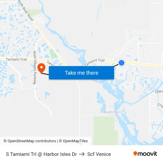 S Tamiami Trl @ Harbor Isles Dr to Scf Venice map