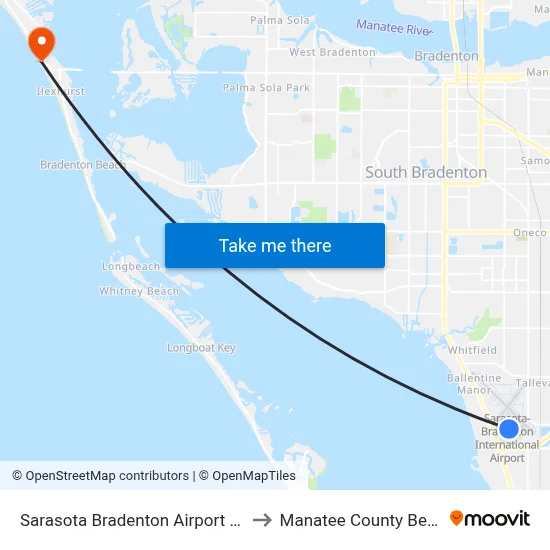 Sarasota Bradenton Airport SRQ to Manatee County Beach map