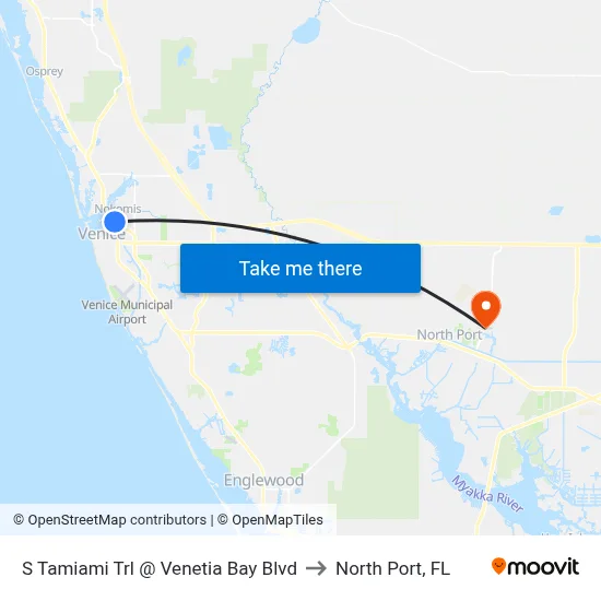S Tamiami Trl @ Venetia Bay Blvd to North Port, FL map