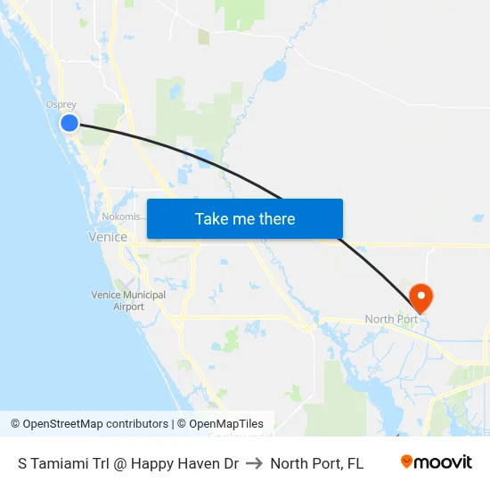 S Tamiami Trl @ Happy Haven Dr to North Port, FL map