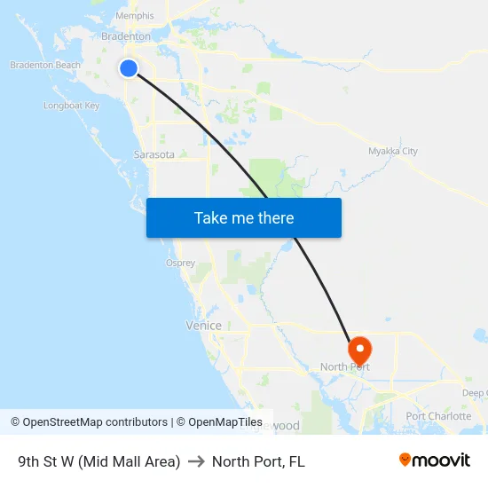 9th St W (Mid Mall Area) to North Port, FL map