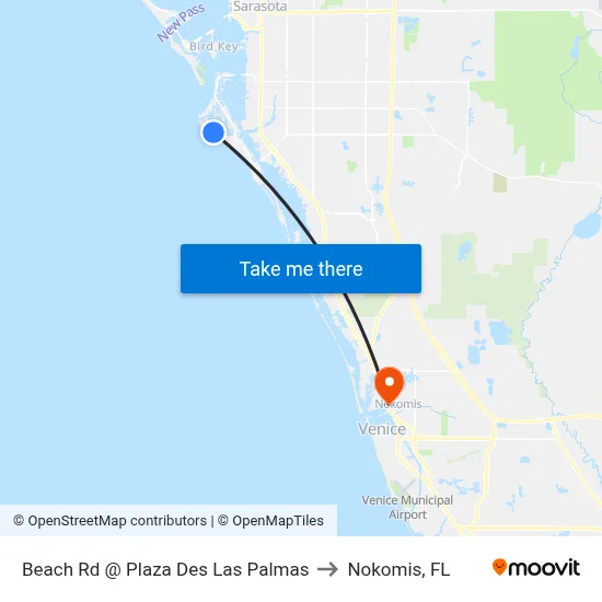 Beach Rd @ Plaza Des Las Palmas to Nokomis, FL map