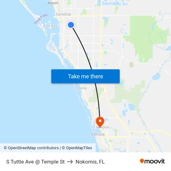 S Tuttle Ave @ Temple St to Nokomis, FL map