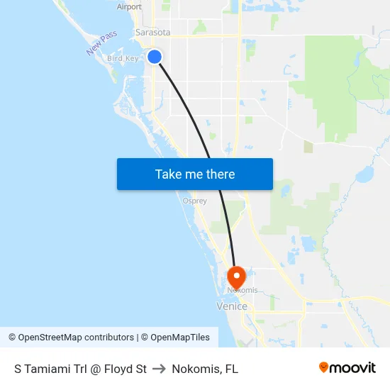 S Tamiami Trl @ Floyd St to Nokomis, FL map