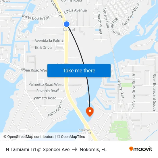 N Tamiami Trl @ Spencer Ave to Nokomis, FL map