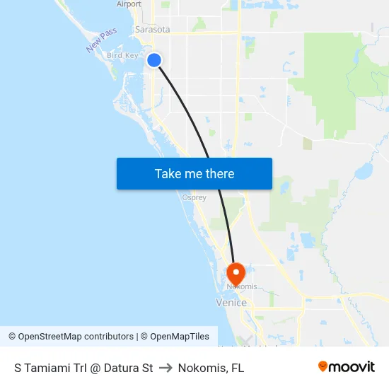 S Tamiami Trl @ Datura St to Nokomis, FL map