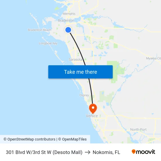 301 Blvd W/3rd St W (Desoto Mall) to Nokomis, FL map