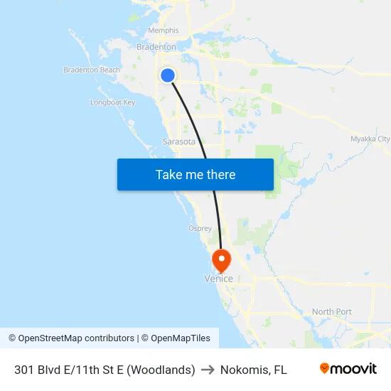 301 Blvd E/11th St E (Woodlands) to Nokomis, FL map