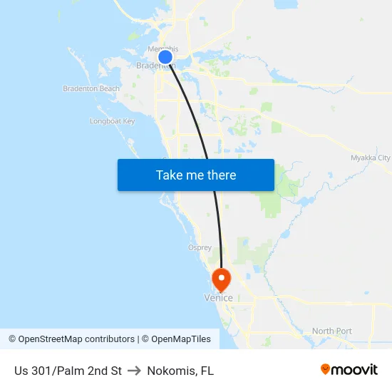 Us 301/Palm 2nd St to Nokomis, FL map