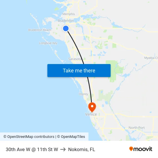 30th Ave W @ 11th St W to Nokomis, FL map