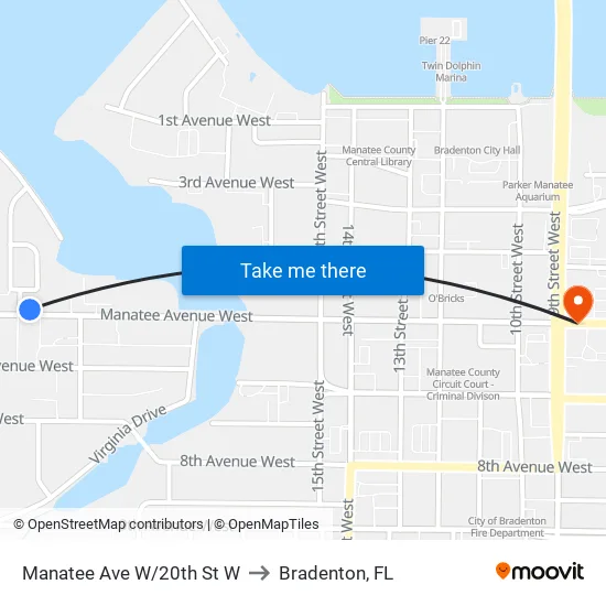 Manatee Ave W/20th St W to Bradenton, FL map