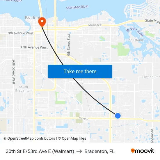 30th St E/53rd Ave E (Walmart) to Bradenton, FL map