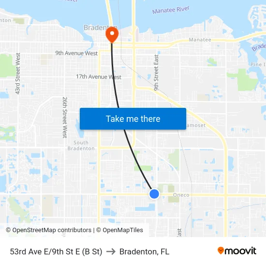 53rd Ave E/9th St E (B St) to Bradenton, FL map