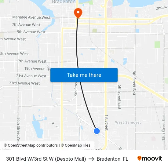 301 Blvd W/3rd St W (Desoto Mall) to Bradenton, FL map