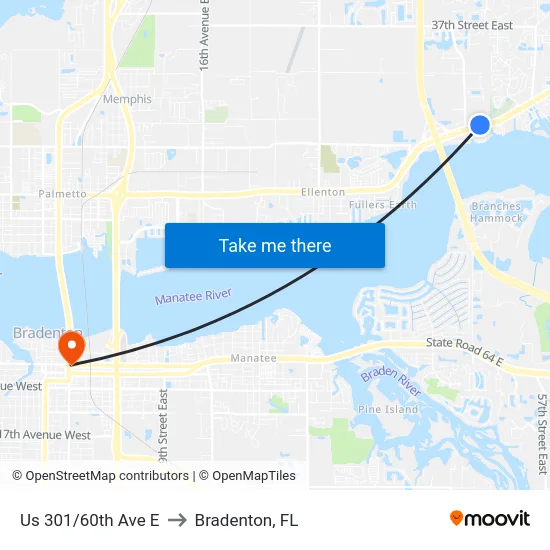 Us 301/60th Ave E to Bradenton, FL map