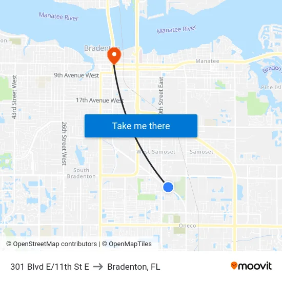 301 Blvd E/11th St E to Bradenton, FL map
