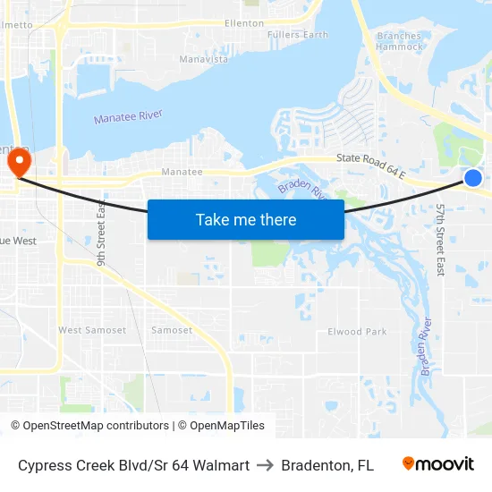 Cypress Creek Blvd/Sr 64 Walmart to Bradenton, FL map