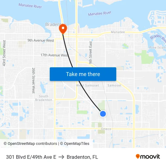 301 Blvd E/49th Ave E to Bradenton, FL map