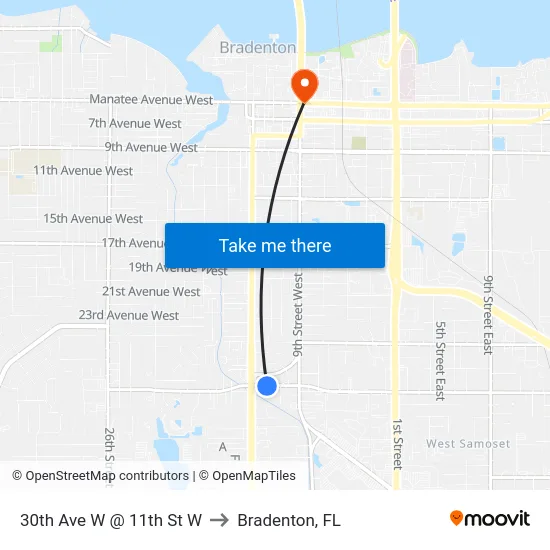 30th Ave W @ 11th St W to Bradenton, FL map