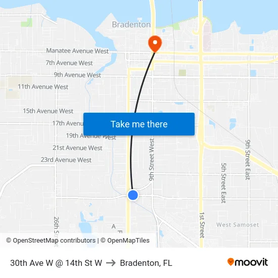 30th Ave W @ 14th St W to Bradenton, FL map