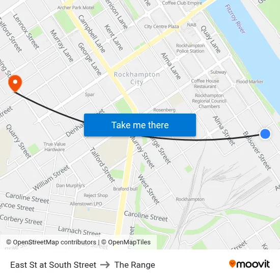 East St at South Street to The Range map