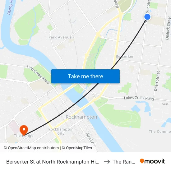 Berserker St at North Rockhampton High to The Range map