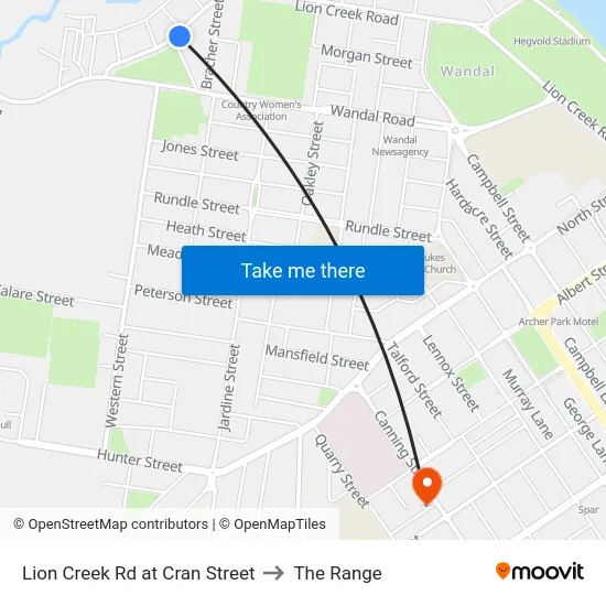 Lion Creek Rd at Cran Street to The Range map