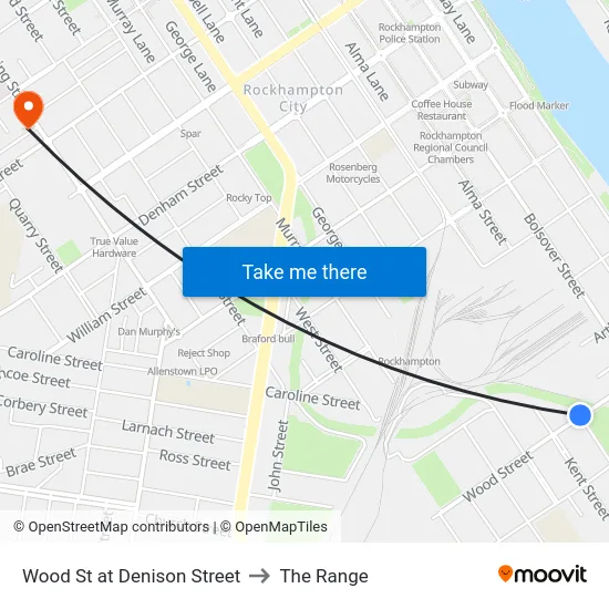 Wood St at Denison Street to The Range map