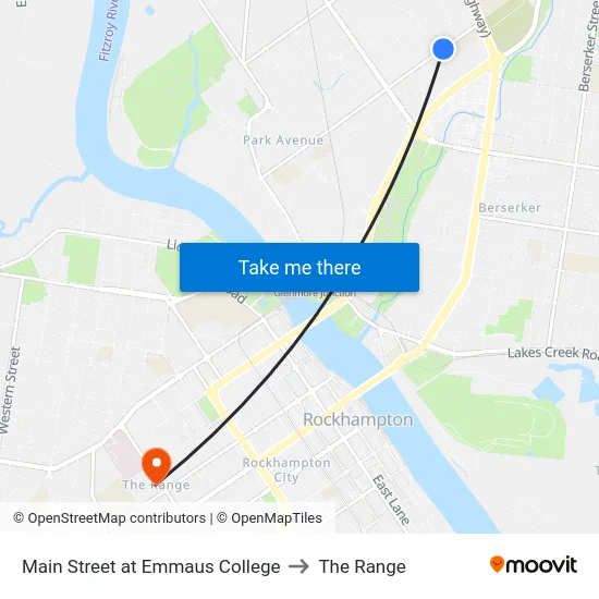 Main Street at Emmaus College to The Range map