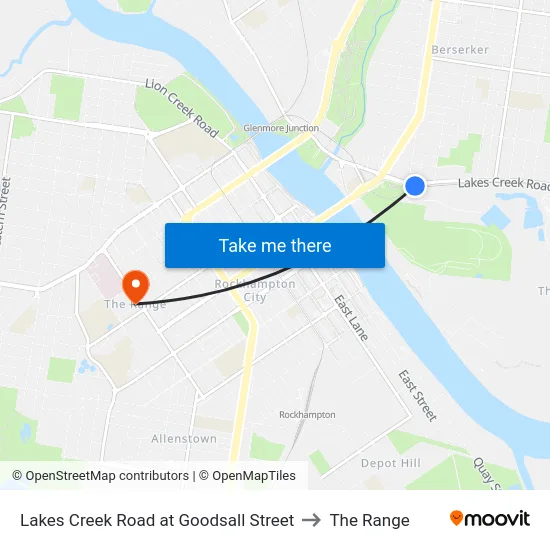 Lakes Creek Road at Goodsall Street to The Range map
