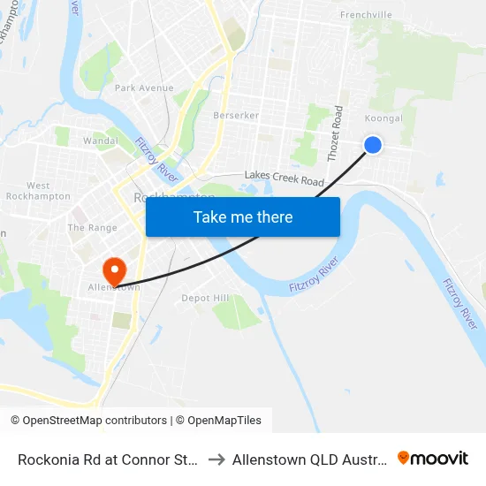 Rockonia Rd at Connor Street to Allenstown QLD Australia map