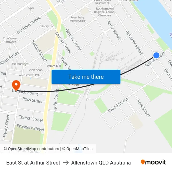 East St at Arthur Street to Allenstown QLD Australia map