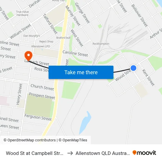 Wood St at Campbell Street to Allenstown QLD Australia map