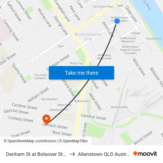 Denham St at Bolsover Street to Allenstown QLD Australia map