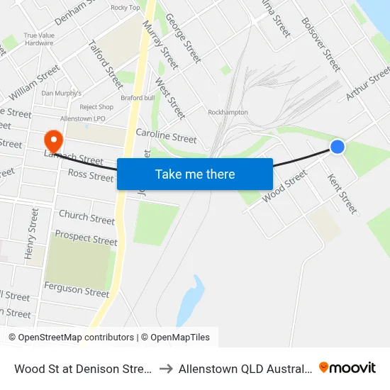 Wood St at Denison Street to Allenstown QLD Australia map