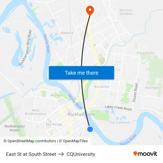 East St at South Street to CQUniversity map
