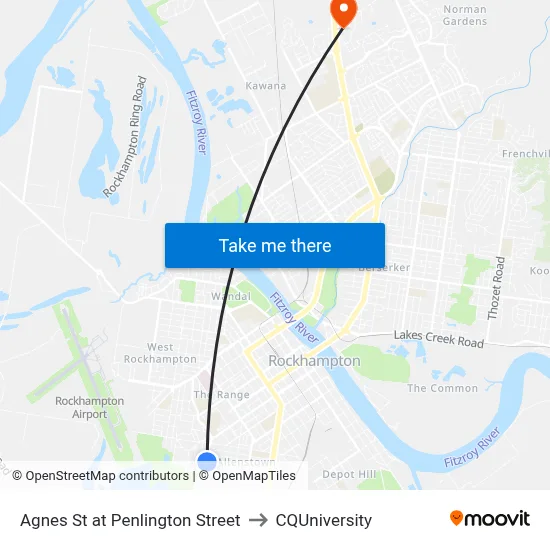 Agnes St at Penlington Street to CQUniversity map