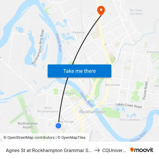 Agnes St at Rockhampton Grammar School to CQUniversity map