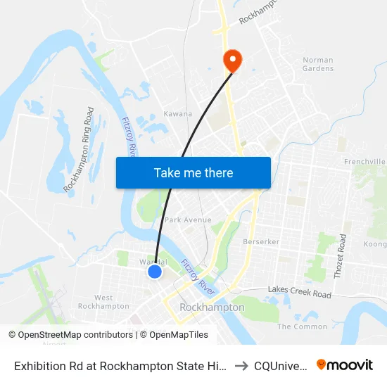 Exhibition Rd at Rockhampton State High School to CQUniversity map