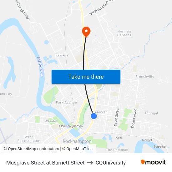 Musgrave Street at Burnett Street to CQUniversity map