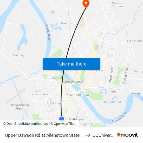 Upper Dawson Rd at Allenstown State School to CQUniversity map